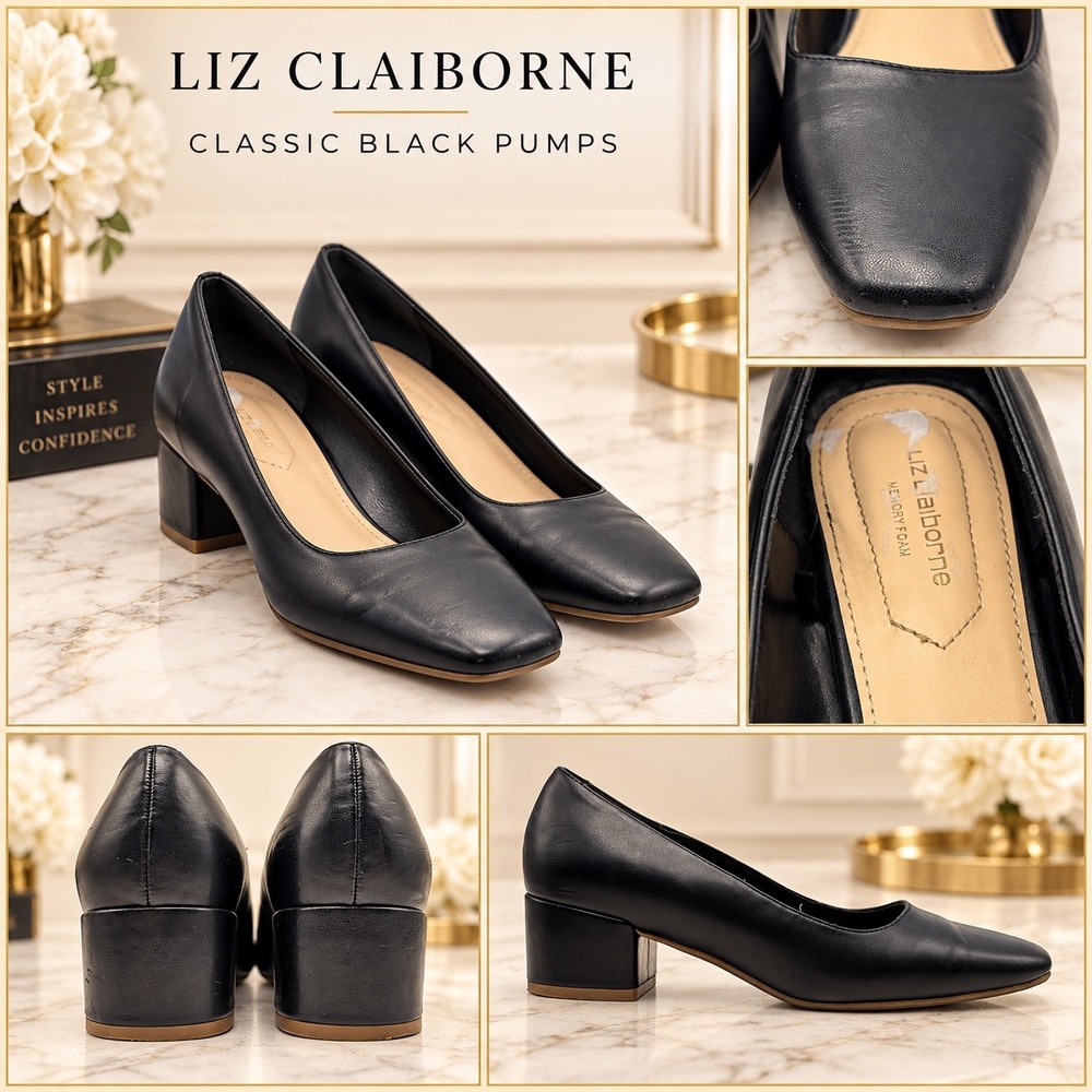 Liz Claiborne Black Square Toe Block Heel Memory Foam Pumps Shoes